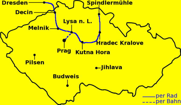 Karte mit unserer Radtour durch Tschechien